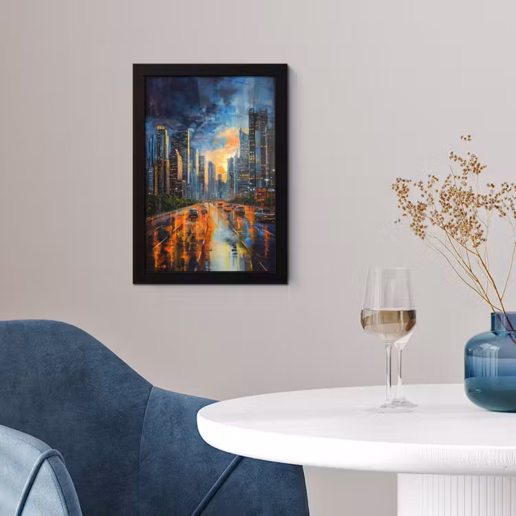Poster met lijst - Auto - Skyline - Zon - Blauw — 2