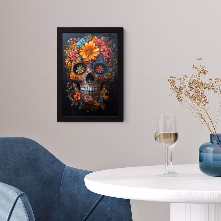 Poster met lijst - Bloemen - Kleurrijk - Schedel — 2
