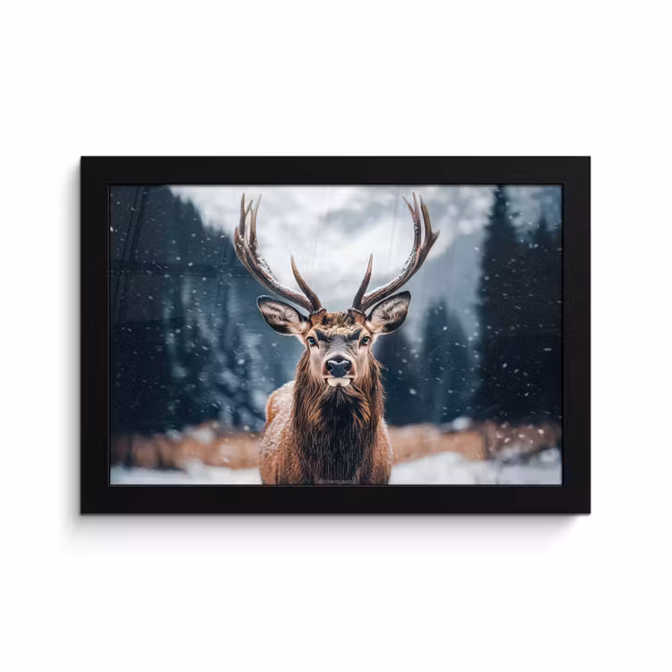 Poster met lijst - Hert - Winter - Hertenkop - Sneeuw - Gewei — 1