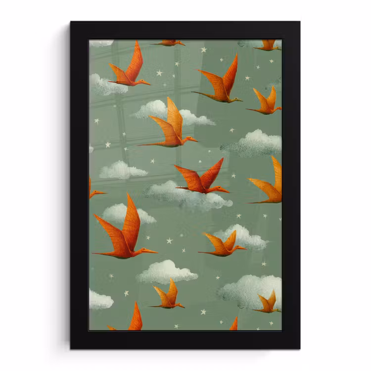 Poster met lijst - Dinosaurussen - Wolken - Sterren - Oranje — 1