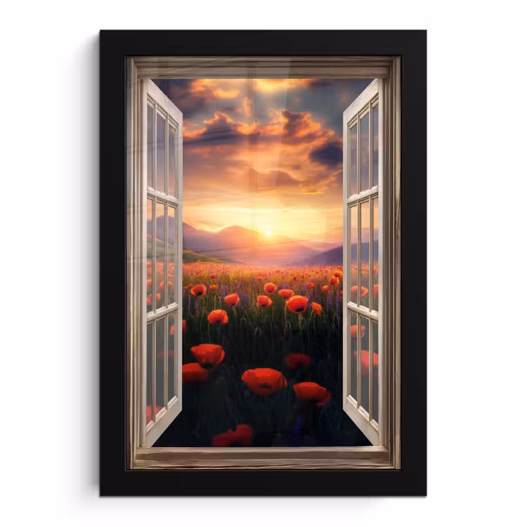 Poster met lijst - Doorkijk - Klaprozen - Bloemen - Rood - Open raam — 1