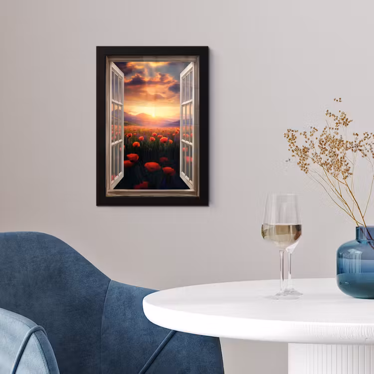 Poster met lijst - Doorkijk - Klaprozen - Bloemen - Rood - Open raam — 2