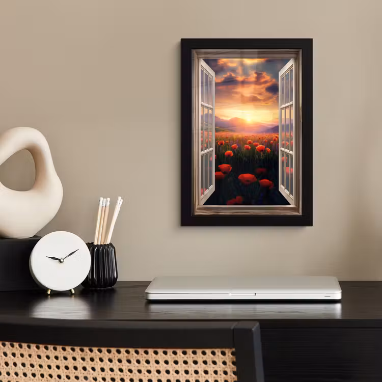 Poster met lijst - Doorkijk - Klaprozen - Bloemen - Rood - Open raam — 3