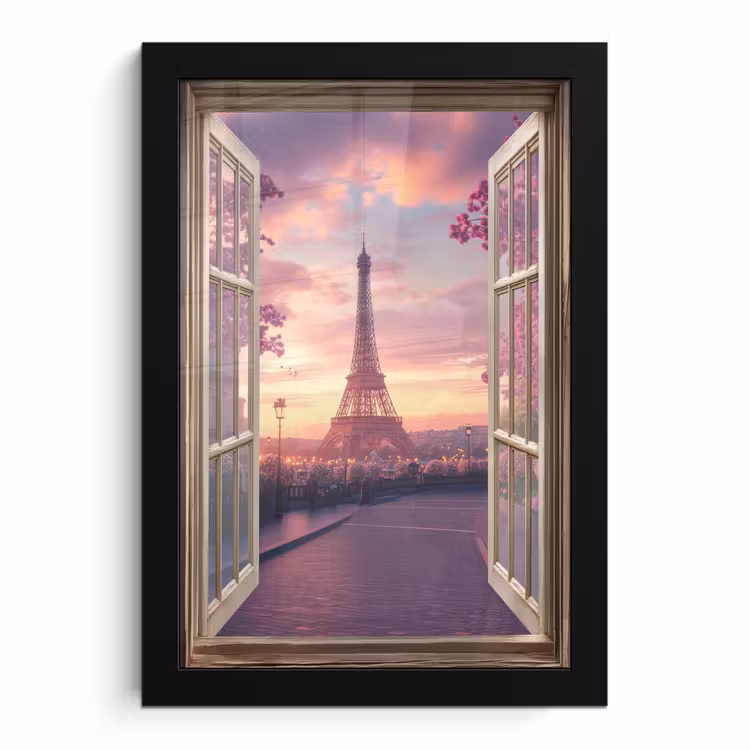 Poster met lijst - Doorkijk - Parijs - Eiffeltoren - Roze - Kersenbloesem — 1