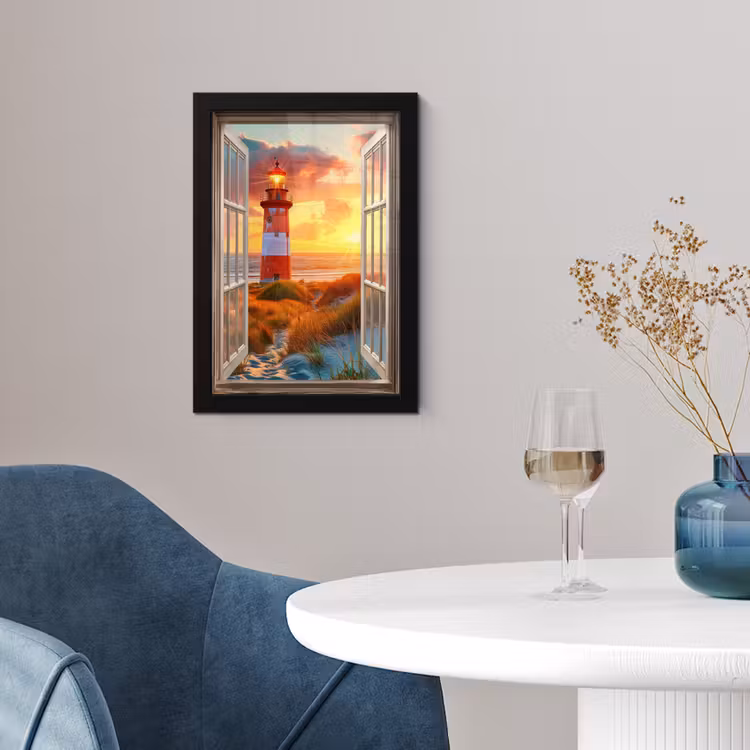 Poster met lijst - Doorkijk - Raam - Vuurtoren - Zonsondergang - Strand — 2
