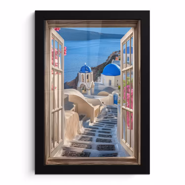 Poster met lijst - Doorkijk - Santorini - Landschap - Blauw - Grieks — 1