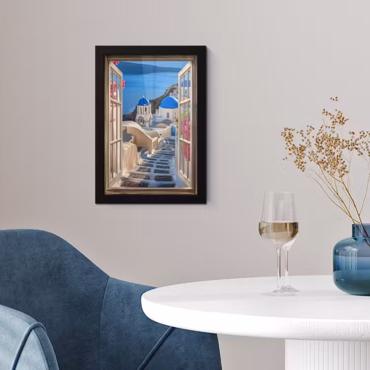 Poster met lijst - Doorkijk - Santorini - Landschap - Blauw - Grieks — 2