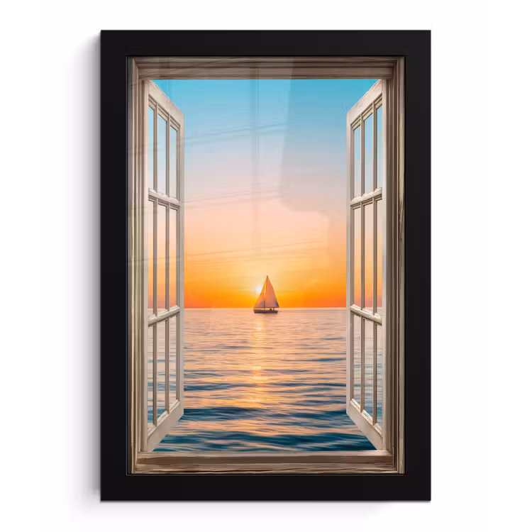 Poster met lijst - Doorkijk - Zee - Boot - Zonsondergang — 1