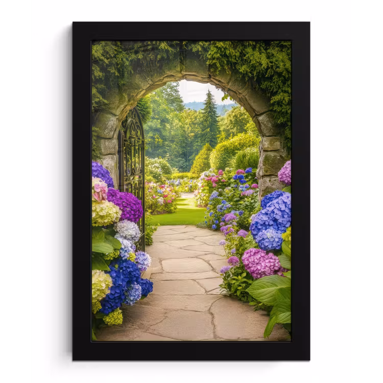 Poster met lijst - Doorkijk - Poort - Hortensia - Bloementuin — 1