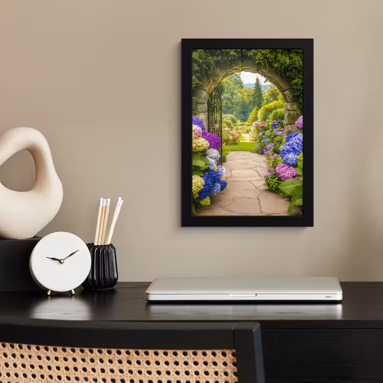 Poster met lijst - Doorkijk - Poort - Hortensia - Bloementuin — 3