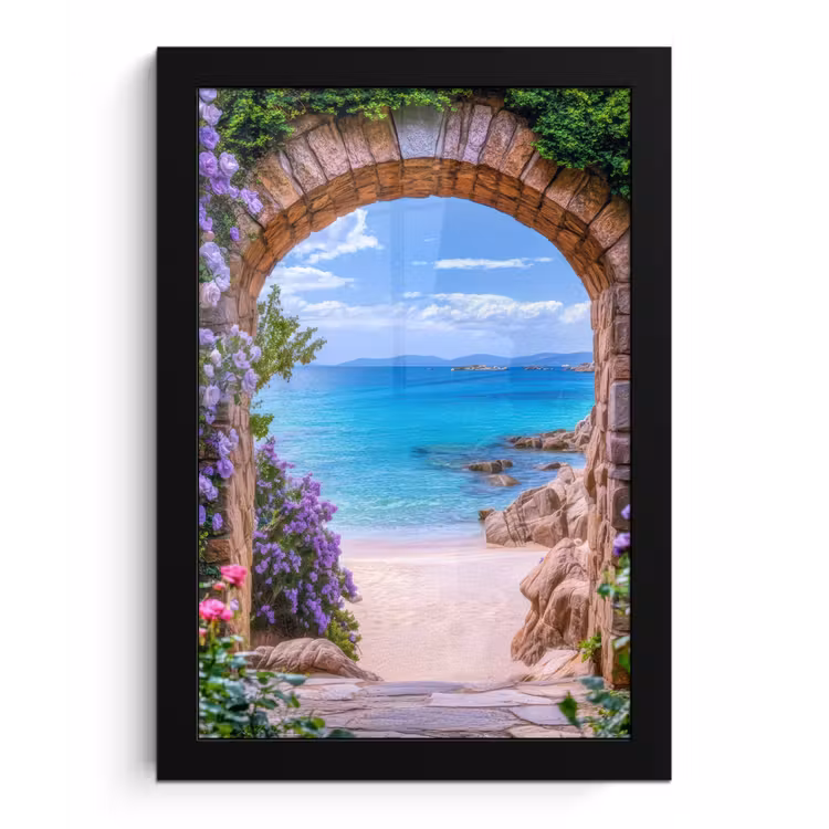 Poster met lijst - Doorkijk - Poort - Zee - Strand - Rotsen — 1