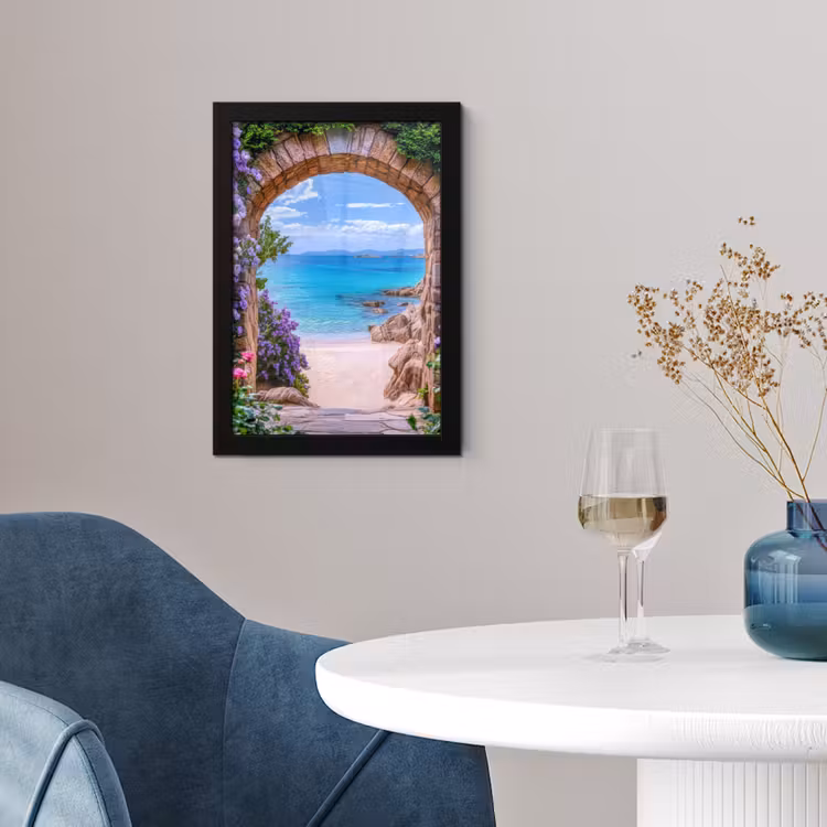 Poster met lijst - Doorkijk - Poort - Zee - Strand - Rotsen — 2