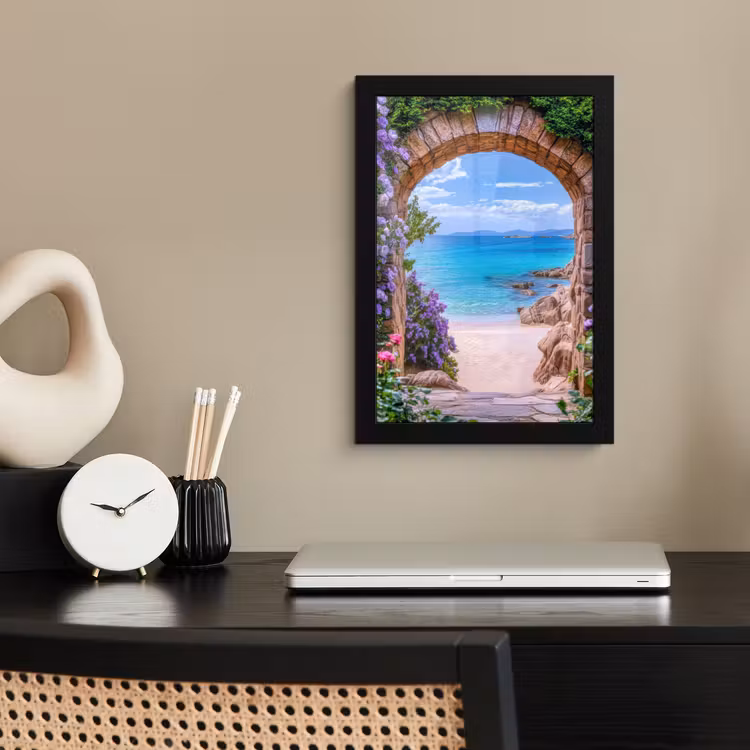 Poster met lijst - Doorkijk - Poort - Zee - Strand - Rotsen — 3