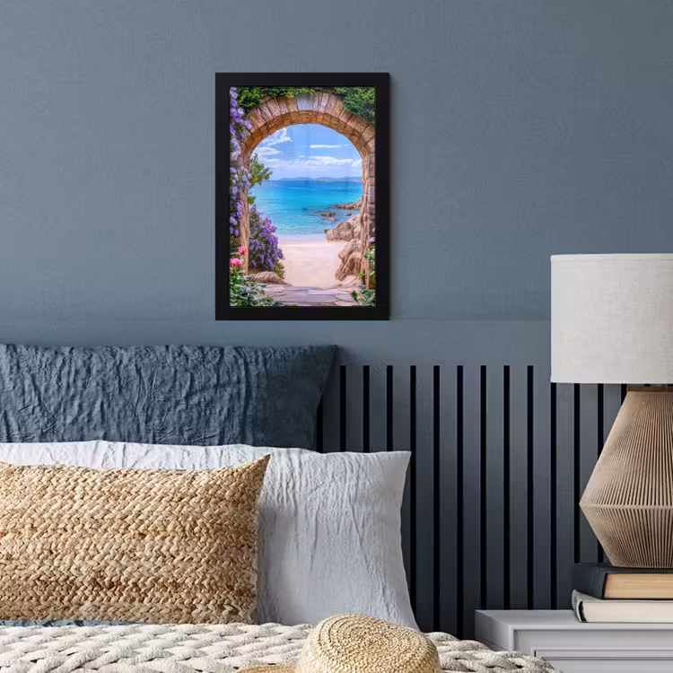 Poster met lijst - Doorkijk - Poort - Zee - Strand - Rotsen — 4