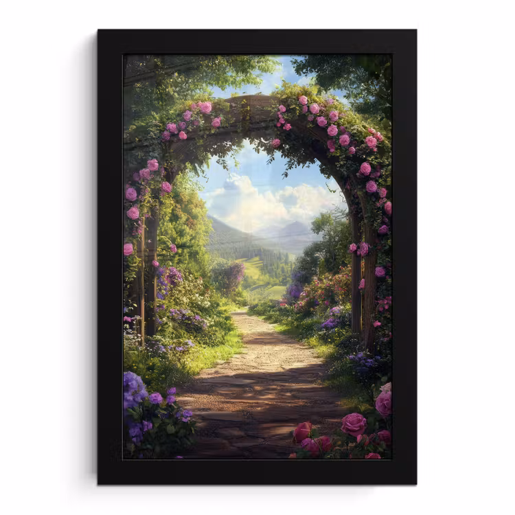 Poster met lijst - Doorkijk - Rozenboog - Uitzicht - Landschap - Bloemen — 1