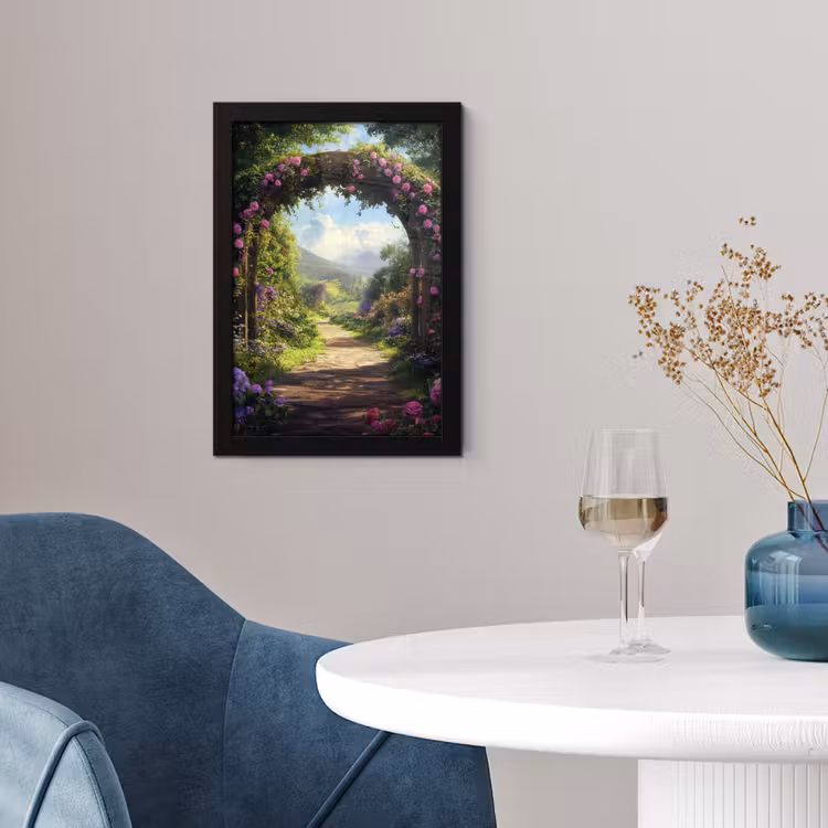 Poster met lijst - Doorkijk - Rozenboog - Uitzicht - Landschap - Bloemen — 2