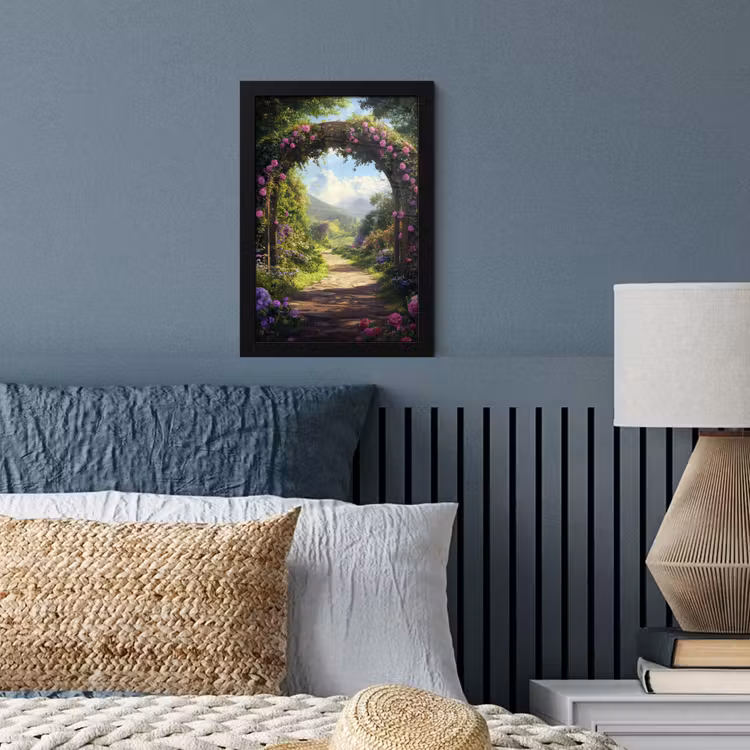 Poster met lijst - Doorkijk - Rozenboog - Uitzicht - Landschap - Bloemen — 4