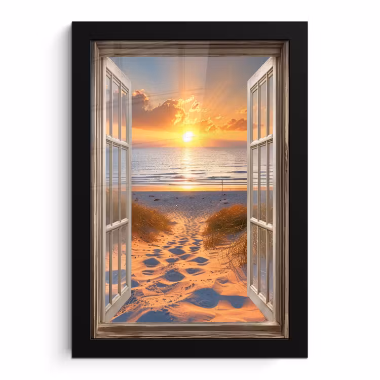 Poster met lijst - Doorkijk - Strand - Duinen - Zonsondergang — 1