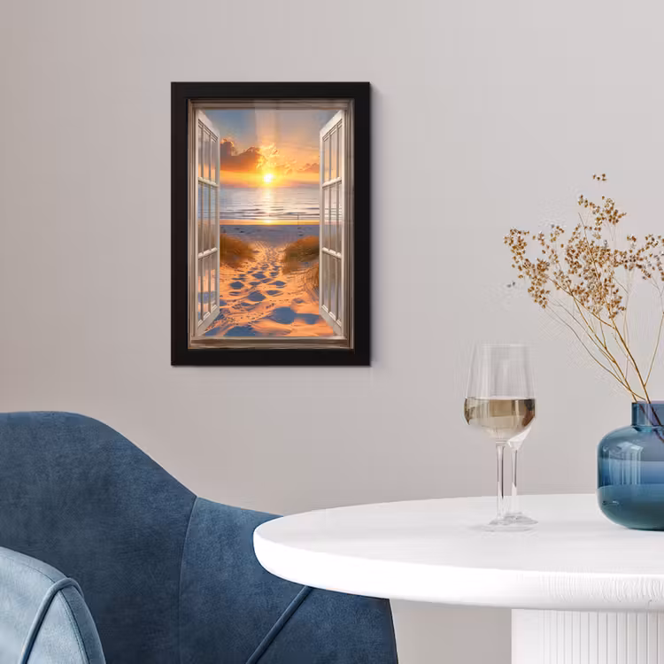 Poster met lijst - Doorkijk - Strand - Duinen - Zonsondergang — 2
