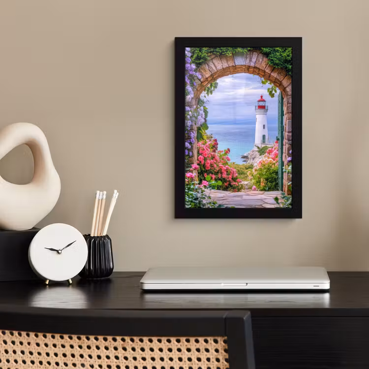 Poster met lijst - Doorkijk - Vuurtoren - Bloemen - Uitzicht — 3