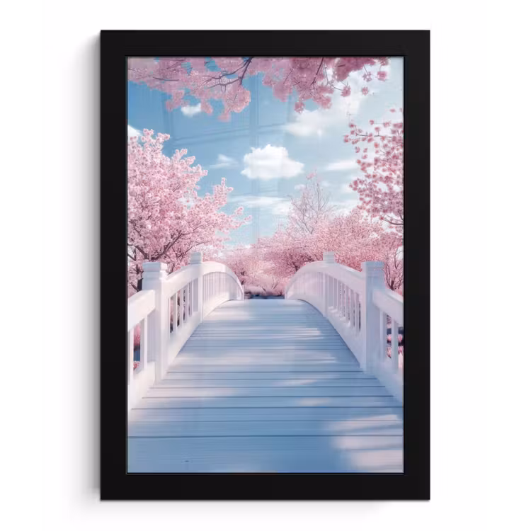 Poster met lijst - Brug - Kersenbomen - Wit — 1