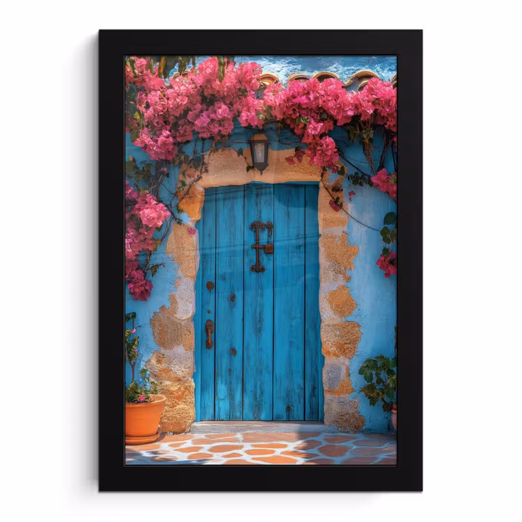 Poster met lijst - Deur - Hout - Bloemen - Blauw — 1