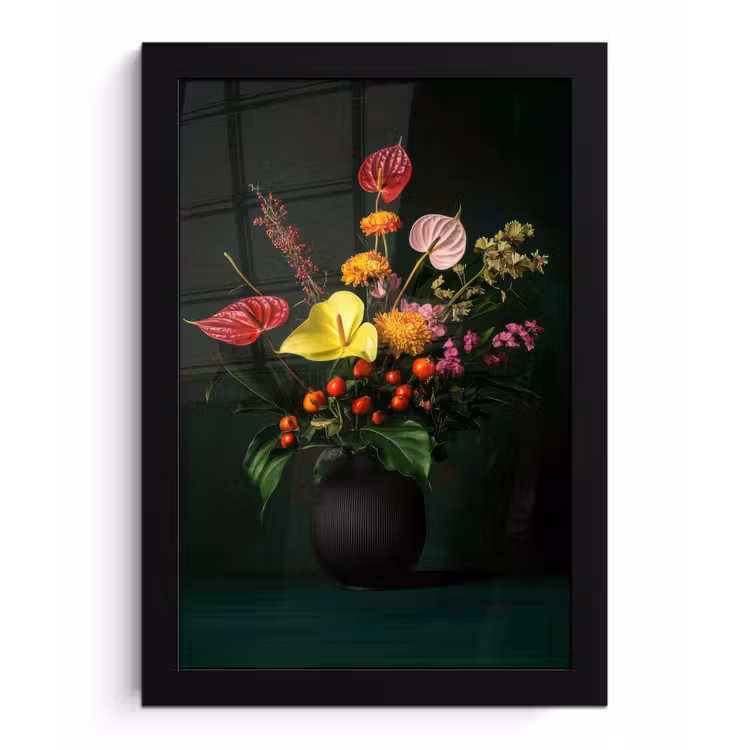 Poster met lijst - Bloemen - Vaas - Zwart — 1