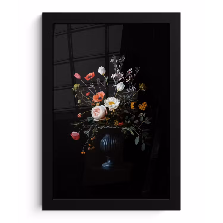 Poster met lijst - Bloemstuk - Vaas - Zwart — 1