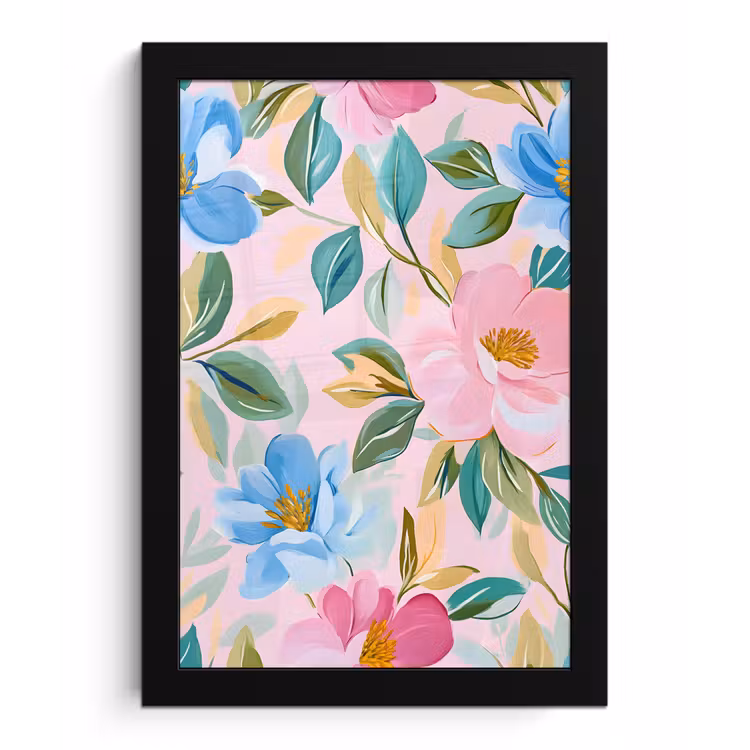 Poster met lijst - Blauw - Roze - Bloemen — 1