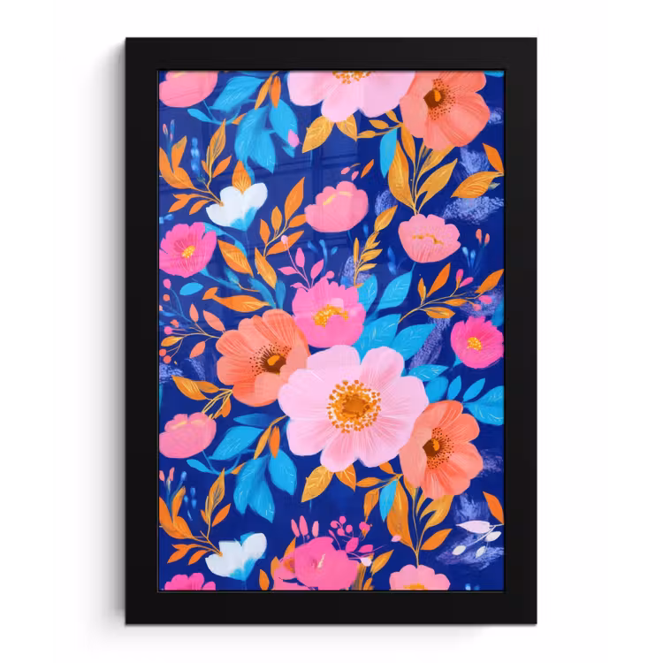Poster met lijst - Bloemen - Blauw - Roze — 1