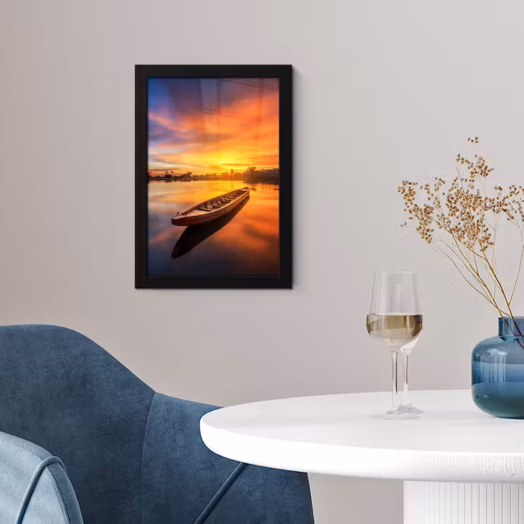 Poster met lijst - Boot - Water - Zonsondergang - Oranje - Water — 2
