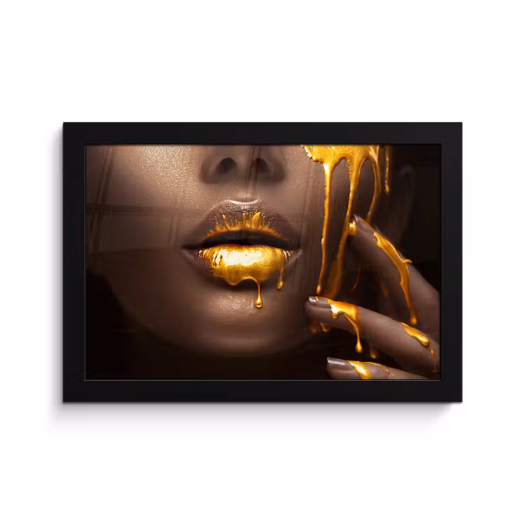 Poster met lijst - Goud - Vrouw - Verf - Lippen - Luxe — 1