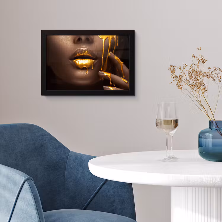 Poster met lijst - Goud - Vrouw - Verf - Lippen - Luxe — 2