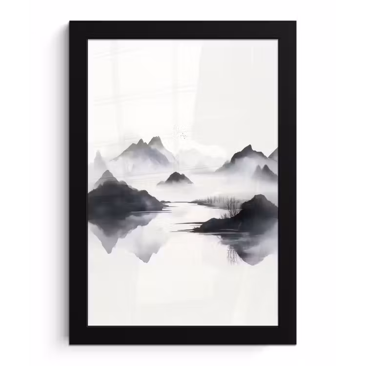 Poster met lijst - Bergen - Mistig - Water - Wit — 1