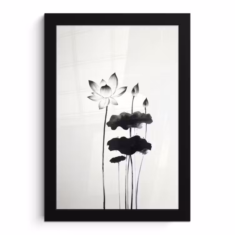 Poster met lijst - Bladeren - Zwart - Lotusbloem - Minimalitisch — 1