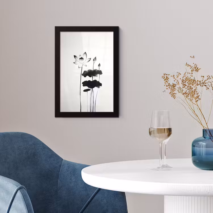 Poster met lijst - Bladeren - Zwart - Lotusbloem - Minimalitisch — 2