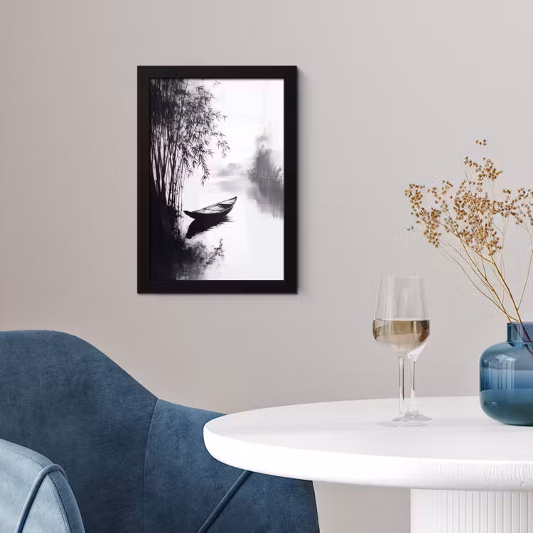 Poster met lijst - Boot - Rivier - Bamboe - Wit — 2