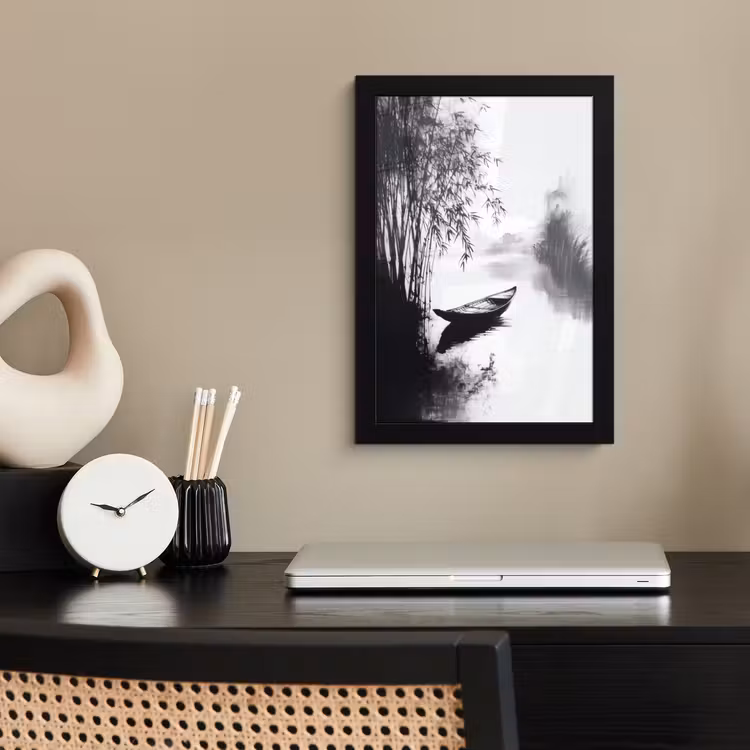 Poster met lijst - Boot - Rivier - Bamboe - Wit — 3