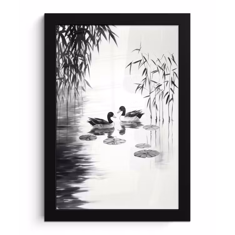 Poster met lijst - Eenden - Waterlelies - Riet - Zwart — 1