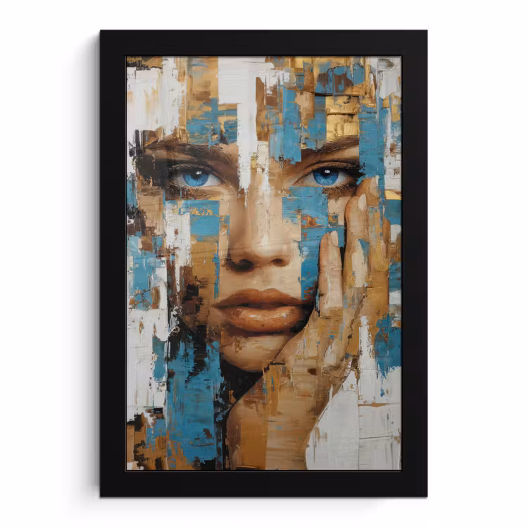 Poster met lijst - Abstract - Penseelstreken - Blauw - Gezicht — 1