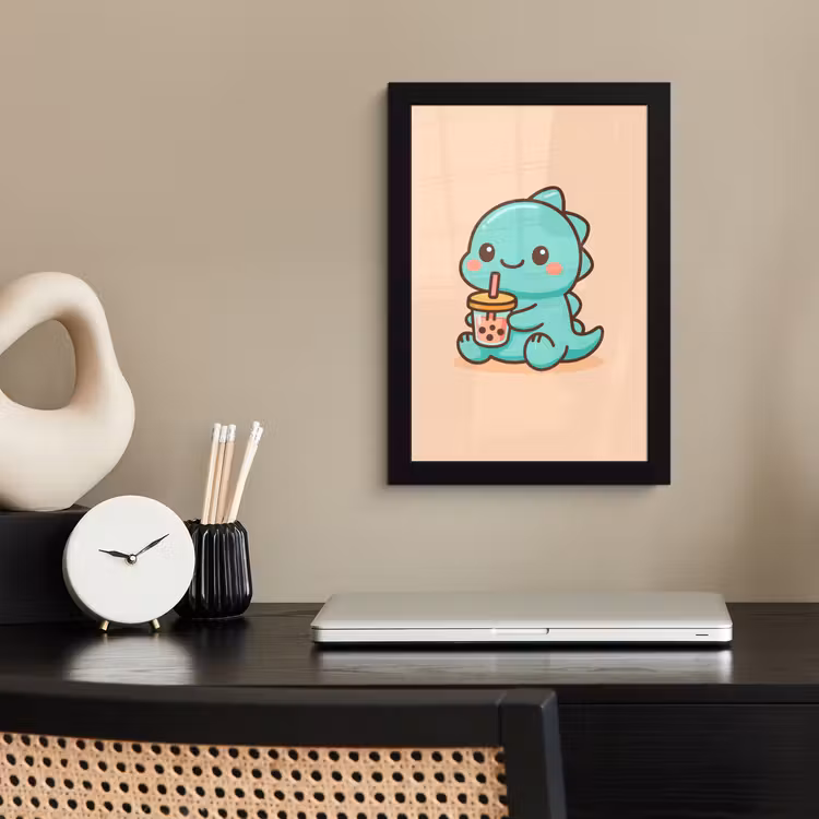 Poster met lijst - Dino - Boba - kawaii - Oranje — 3