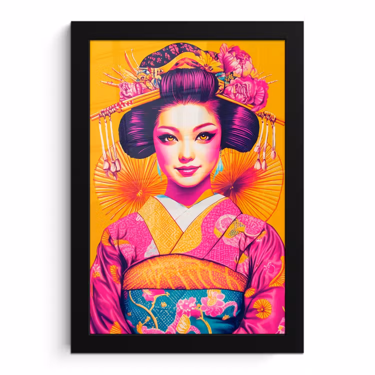 Poster met lijst - Bloemen - Vrouw - Kimono - Roze — 1