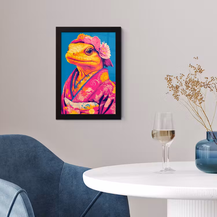Poster met lijst - Bloemenkrans - Hagedis - Kimono - Paars — 2
