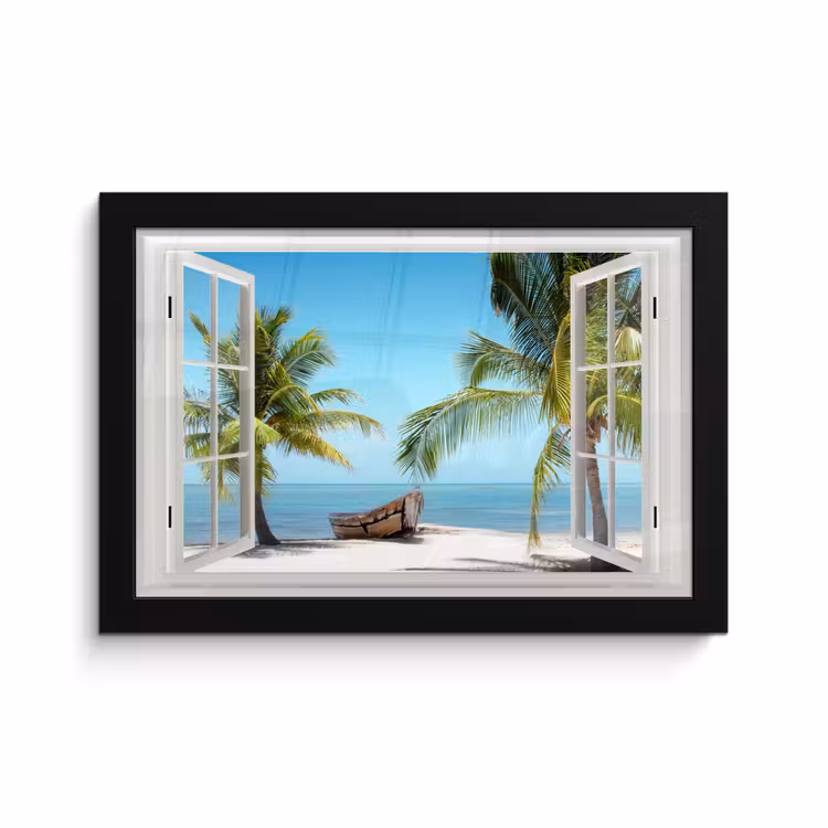Poster met lijst - Doorkijk - Strand - Palmboom - Boot - Tropisch - Zee - Blauw — 1