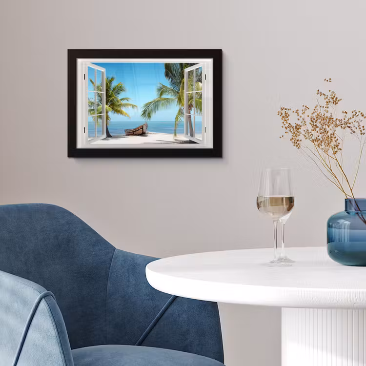 Poster met lijst - Doorkijk - Strand - Palmboom - Boot - Tropisch - Zee - Blauw — 2