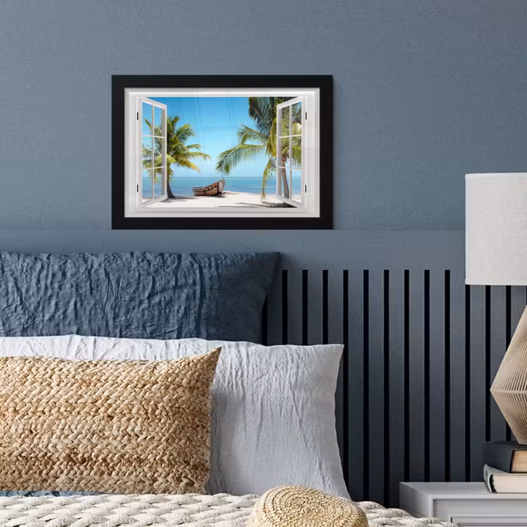 Poster met lijst - Doorkijk - Strand - Palmboom - Boot - Tropisch - Zee - Blauw — 4