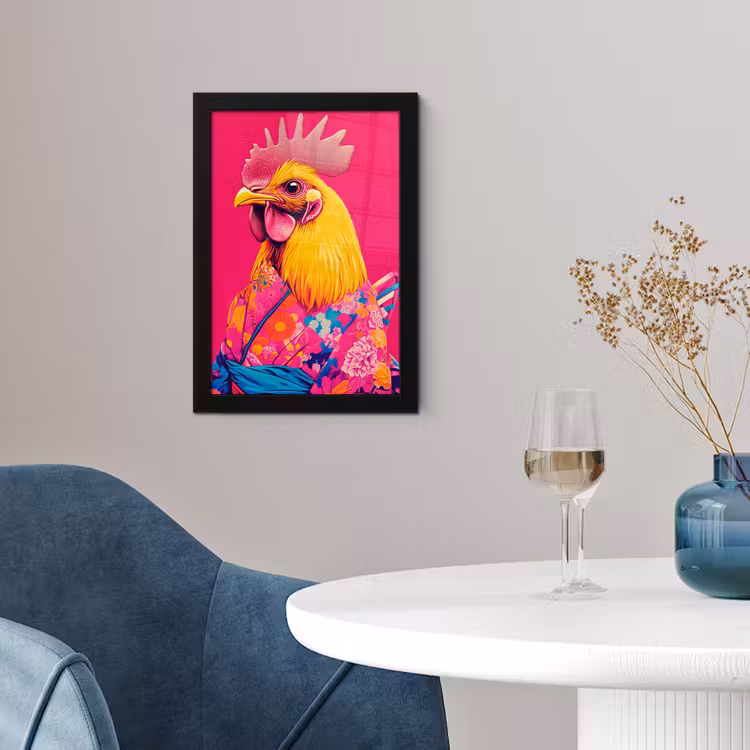 Poster met lijst - Haan - Kleurrijk - Kimono - Roze — 2