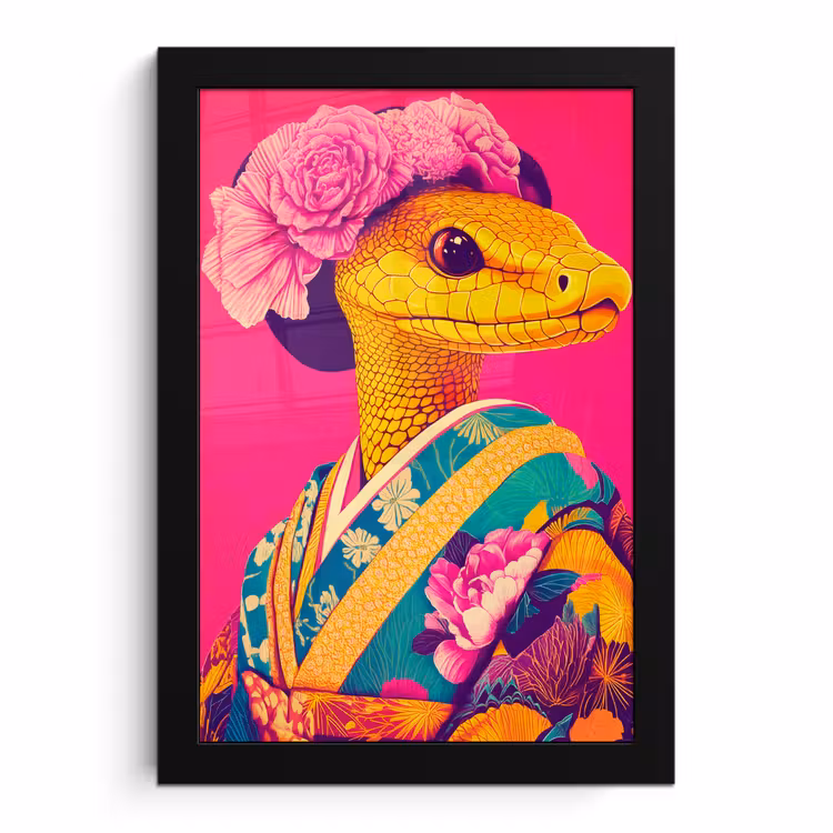 Poster met lijst - Hagedis - Bloemen - Roze - Kimono — 1