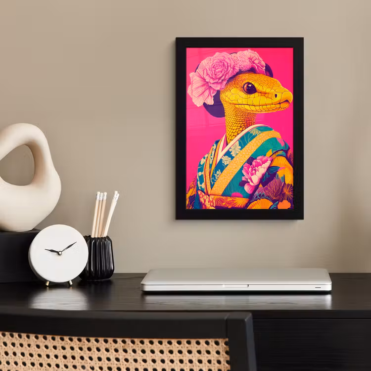 Poster met lijst - Hagedis - Bloemen - Roze - Kimono — 3