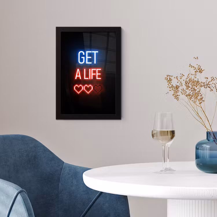 Poster met lijst - Gaming - Tekst - Get a life - Neon - Zwart — 2